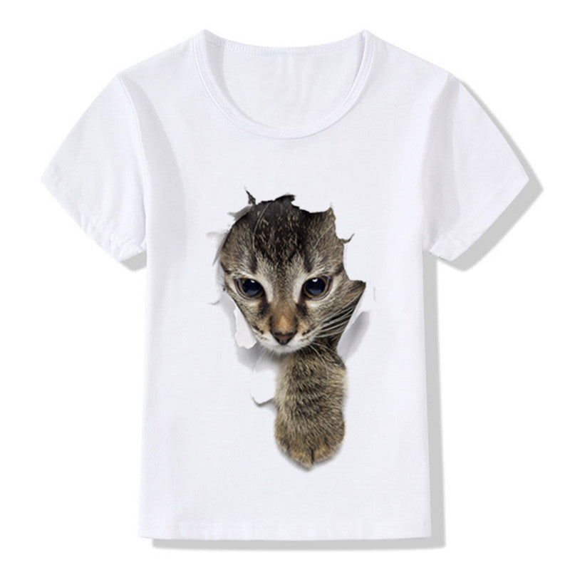 Camiseta infantil casual com estampa 3D de gato de manga curta - O Retalho