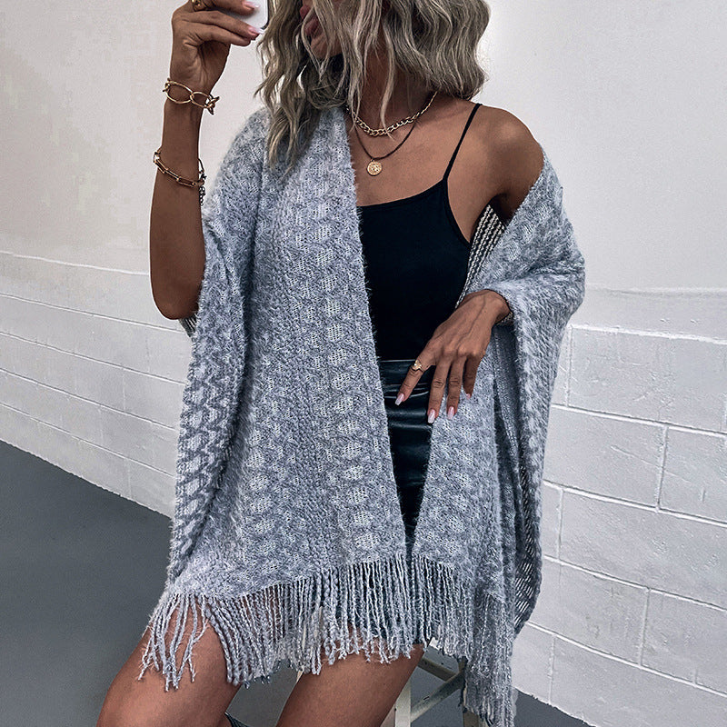 Polyester Yarn Crocheted Hollow Knitted Tassel Cape And Shawl Sweater Women's Cardigan - O Retalho
