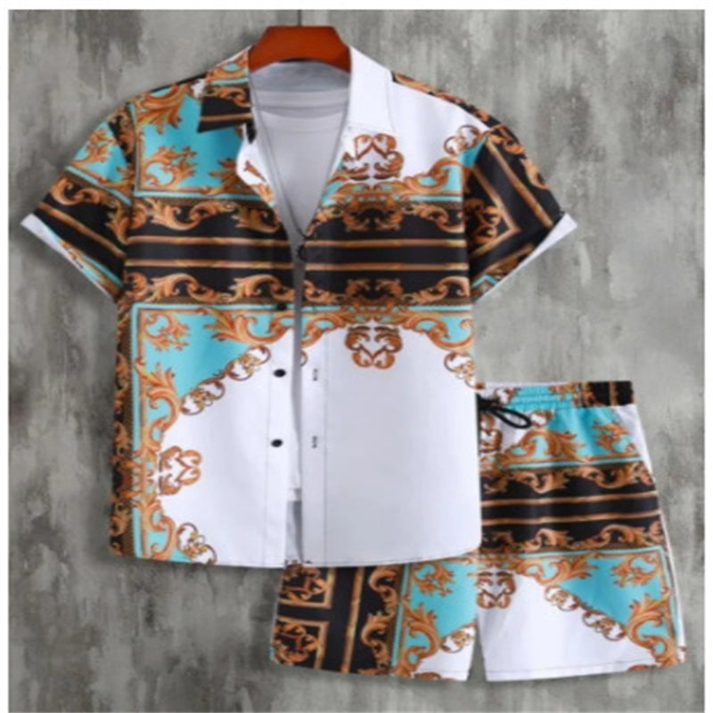Camisa Masculina Casual Manga solta e curta com Shorts, Fato da praia - O Retalho