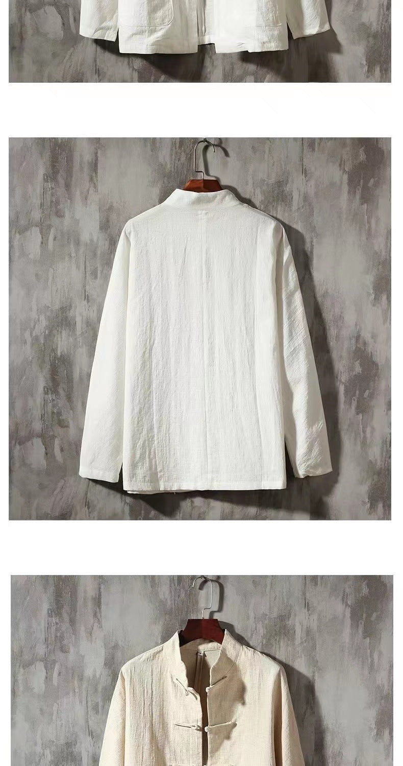 🎲Camisa masculina de manga comprida com fivela retrô de algodão e linho - O Retalho