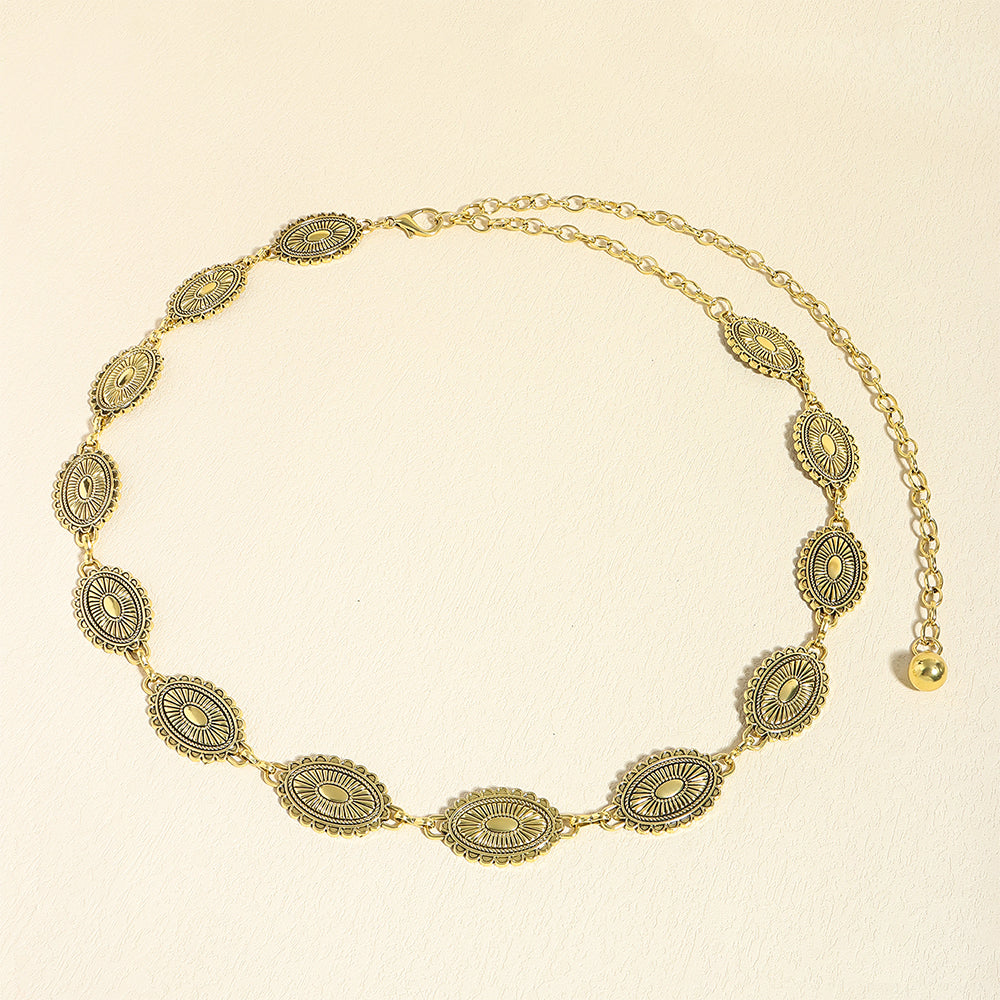 Retro National Style Carved Ancient Gold And Silver Metal Waist Chain Sexy Elegant Women's Dress Senior Sense Decorative Belt - O Retalho