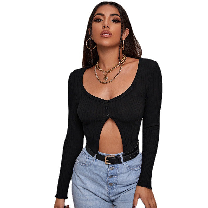 Long Sleeved Crop Cardigan Top Sexy Button Knit T-shirt - O Retalho