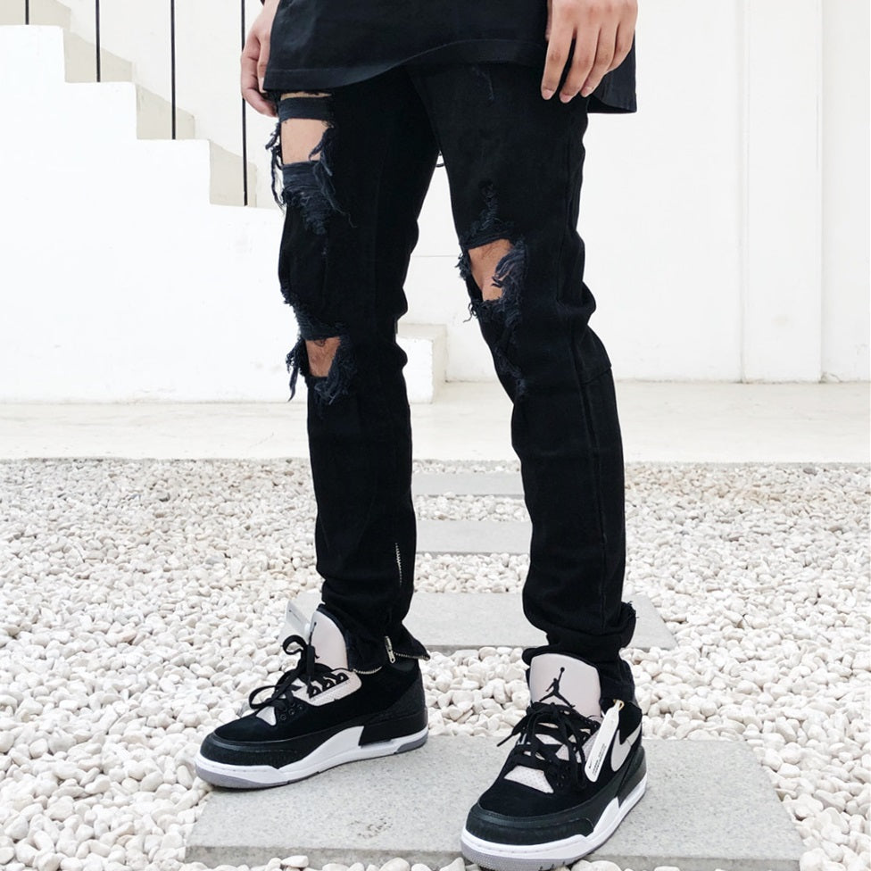 Jeans Masculino High Street Style Rasgado Preto na Moda Urbana - O Retalho