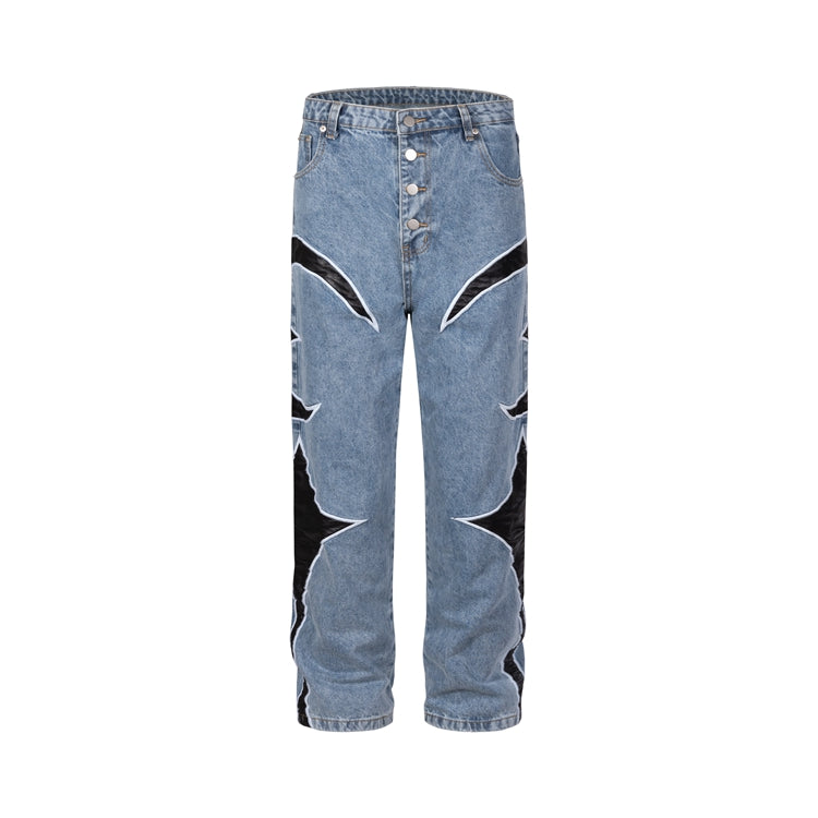 Calça Casual Solta de Couro com Patchwork e Cores Contrastantes de Marca Moderna - O Retalho