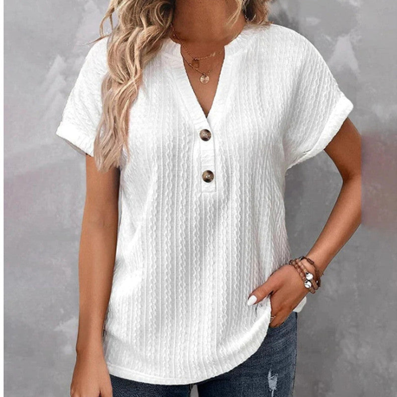 Camiseta Feminina Com Manga Batwing De Cor Sólida E Botão Com Decote Em V - O Retalho