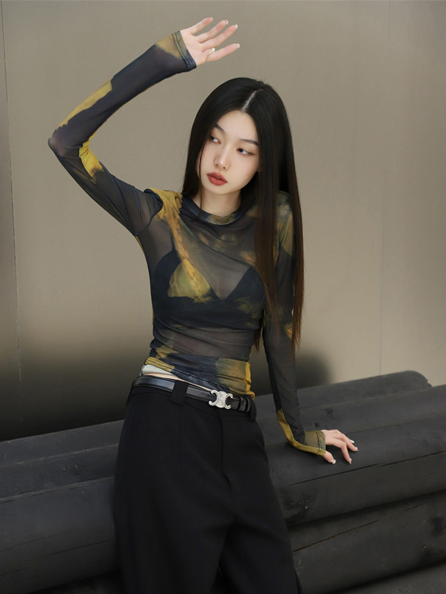 Women's Spaghetti-strap Floral Print Mesh Bottoming Shirt - O Retalho