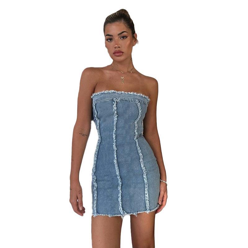 Ripped Wool Tops Denim Tube Top Wrapped Chest Sheath Dress - O Retalho