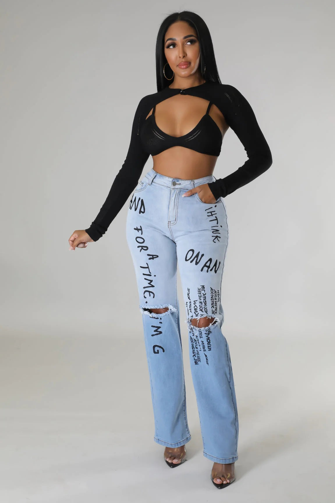 Calças Jeans com estampa de Cintura Alta Feminino - O Retalho