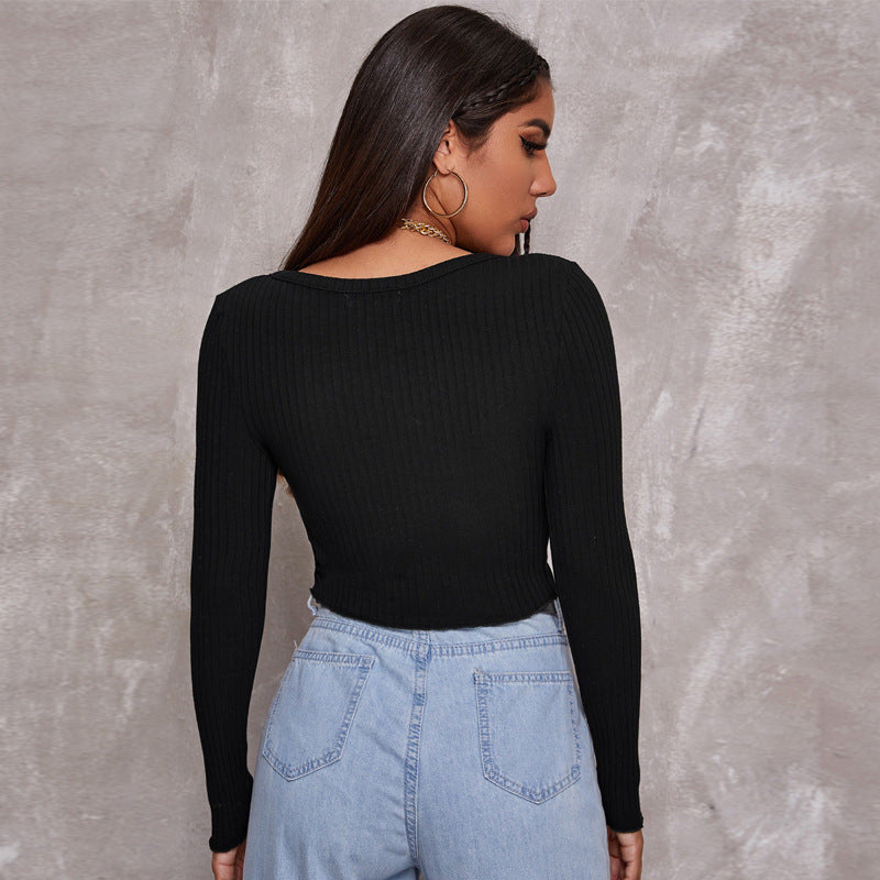 Long Sleeved Crop Cardigan Top Sexy Button Knit T-shirt - O Retalho