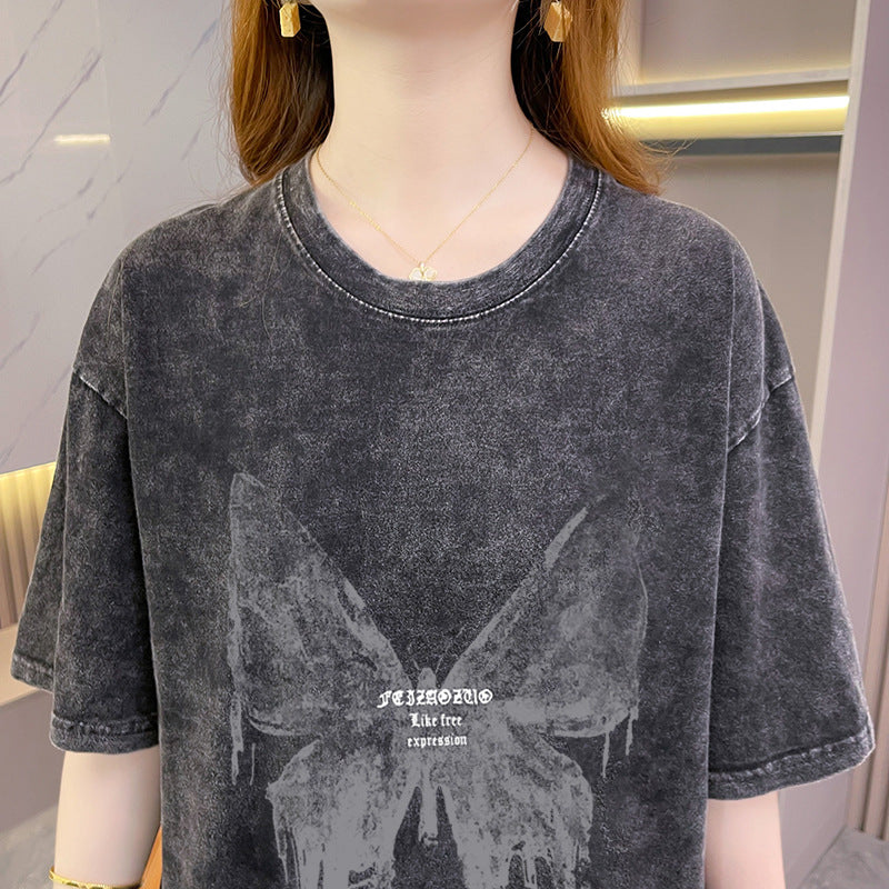 Pure Cotton Heel Wrapped Collar Washed Distressed Short-sleeved Top - O Retalho