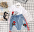 Roupas infantis para meninas camiseta branca, saia jeans - O Retalho