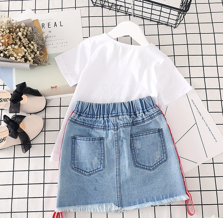 Roupas infantis para meninas camiseta branca, saia jeans - O Retalho
