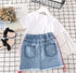 Roupas infantis para meninas camiseta branca, saia jeans - O Retalho