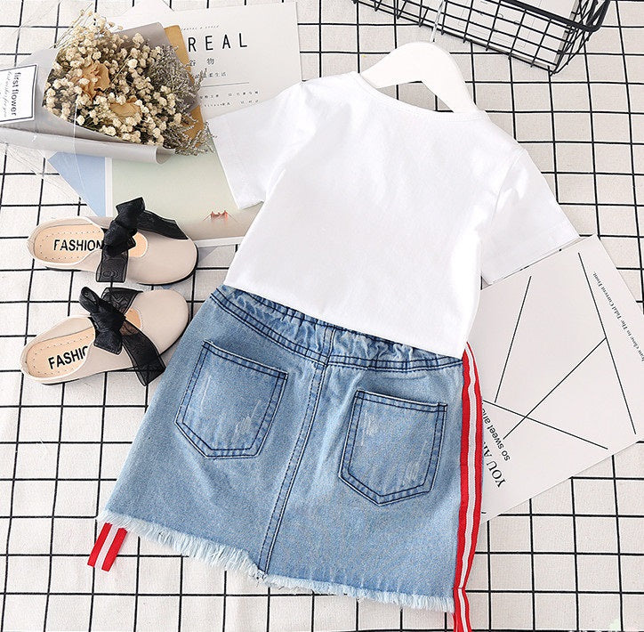 Roupas infantis para meninas camiseta branca, saia jeans - O Retalho