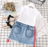 Roupas infantis para meninas camiseta branca, saia jeans - O Retalho