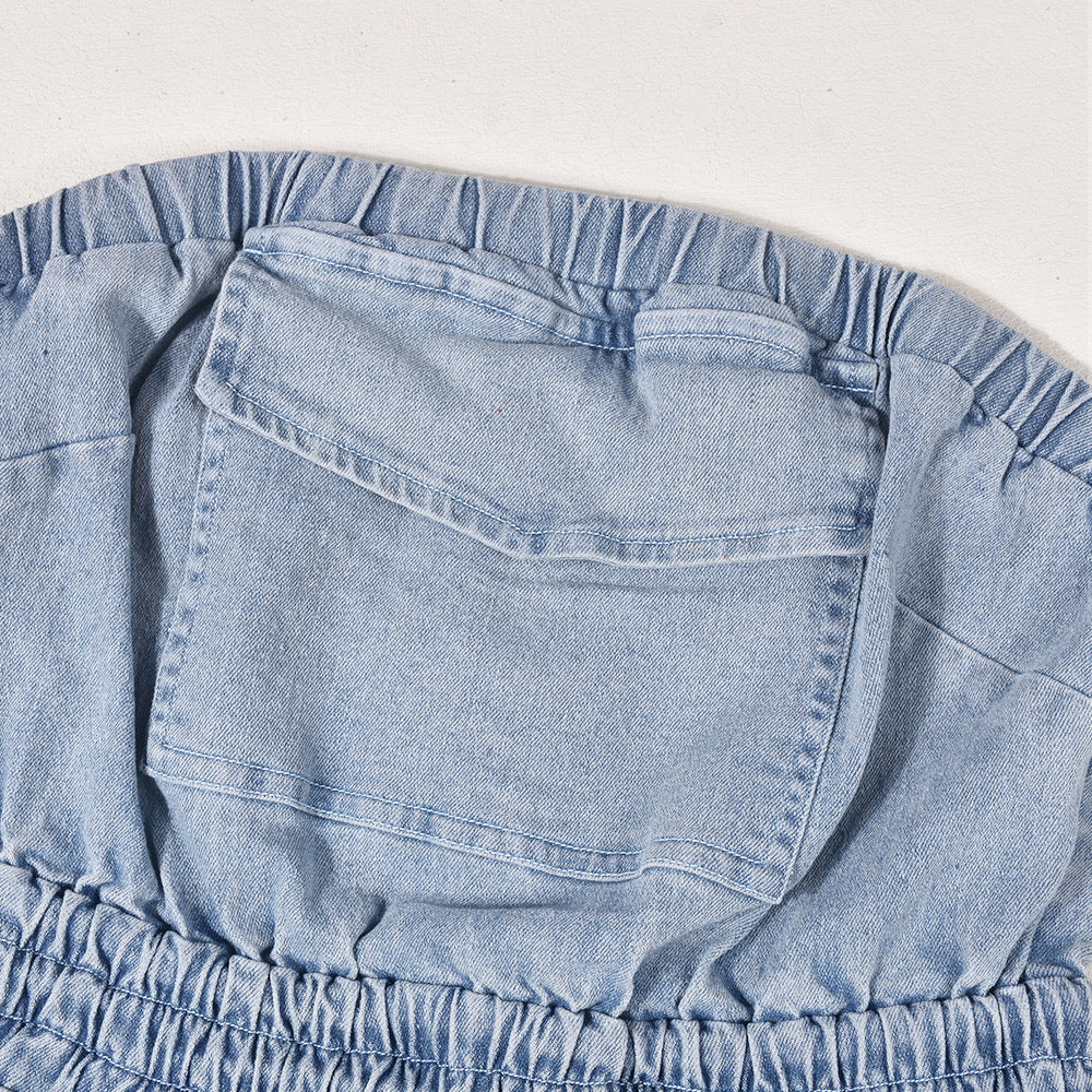 Macacão de Jeans com costas abertas e bolso - O Retalho