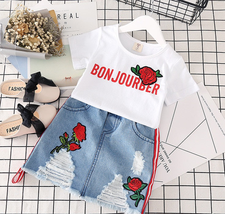 Roupas infantis para meninas camiseta branca, saia jeans - O Retalho