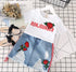 Roupas infantis para meninas camiseta branca, saia jeans - O Retalho