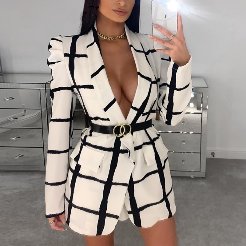Blazer xadrez com decote em V profundo - O Retalho