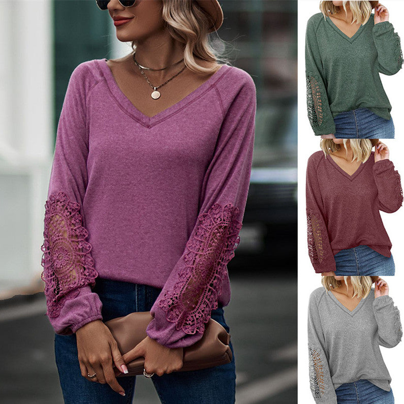 Loose Casual V-neck Lace Lace Long-sleeved - O Retalho