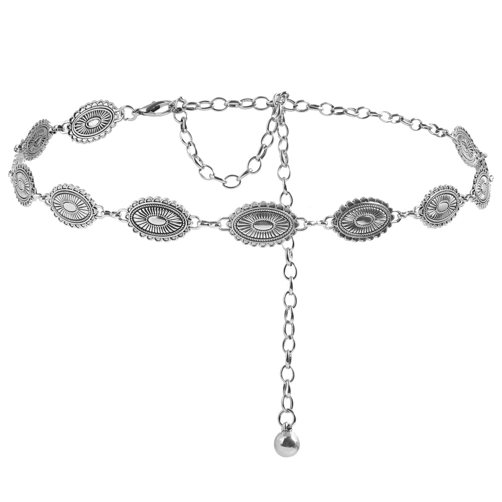 Retro National Style Carved Ancient Gold And Silver Metal Waist Chain Sexy Elegant Women's Dress Senior Sense Decorative Belt - O Retalho