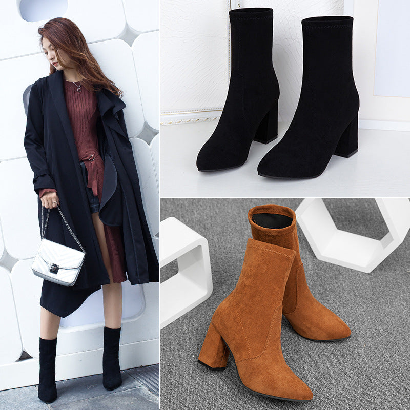Martin boots women suede pointed high heel thick heel - O Retalho