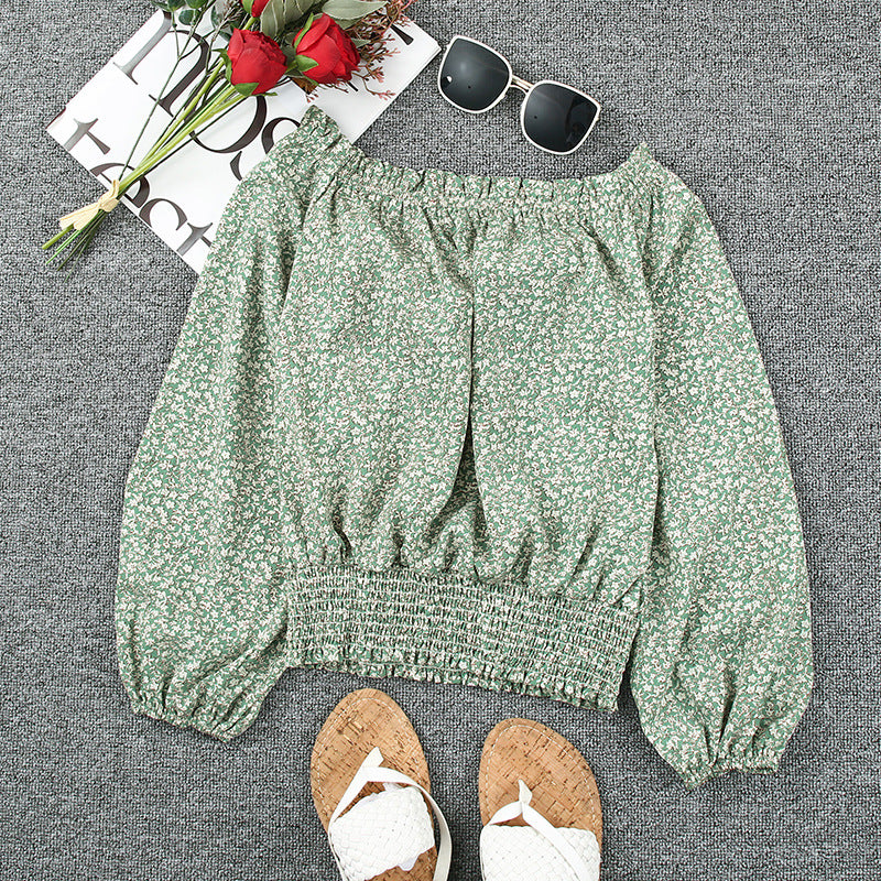 Women's Long-sleeved Floral Strap Off-the-shoulder Top - O Retalho