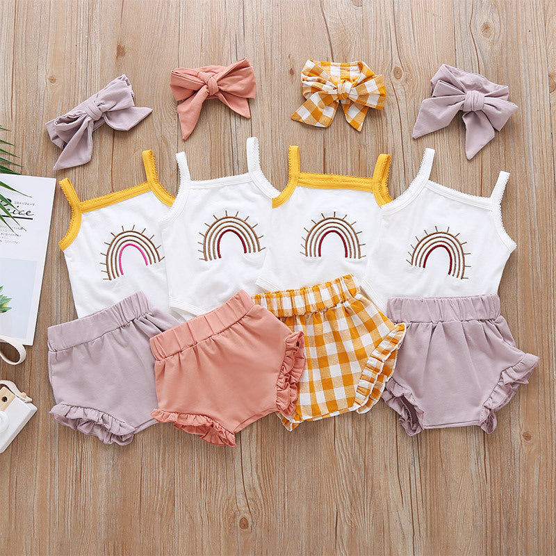 Fashion Three-Piece Baby Girl Sling Romper Plaid Shorts - O Retalho
