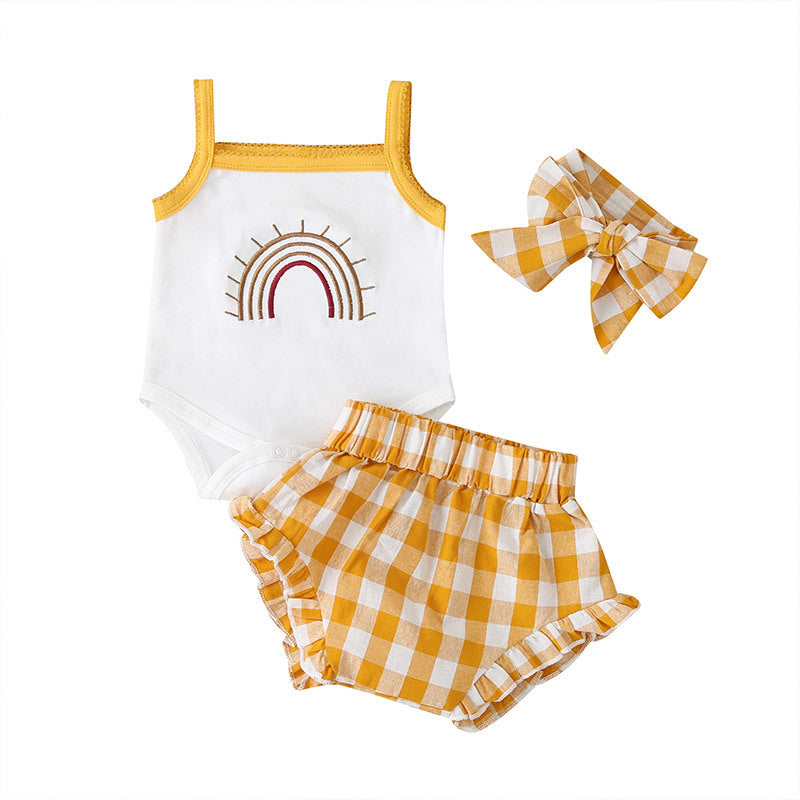 Fashion Three-Piece Baby Girl Sling Romper Plaid Shorts - O Retalho