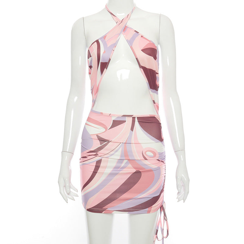 Vestido transpassado estampado de verão com decote halterneck para mulheres - O Retalho