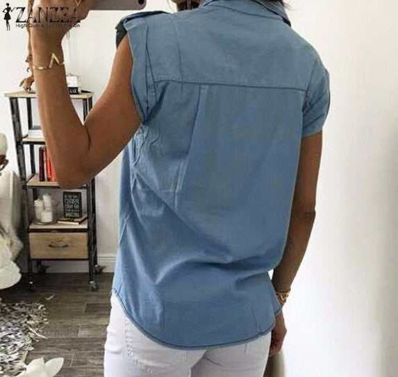 Blusa jeans sem manga vintage com botões - O Retalho