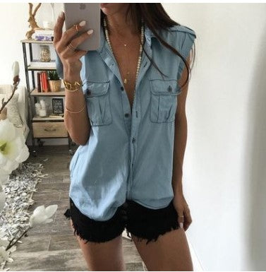 Blusa jeans sem manga vintage com botões - O Retalho