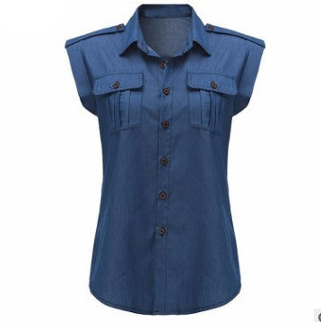 Blusa jeans sem manga vintage com botões - O Retalho