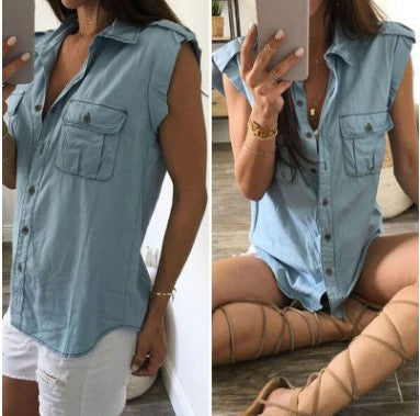 Blusa jeans sem manga vintage com botões - O Retalho