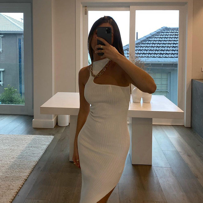 Vestido com Fendas em Malha de Cor Sólida e Gola Halter, Novo Estilo de Verão. - O Retalho