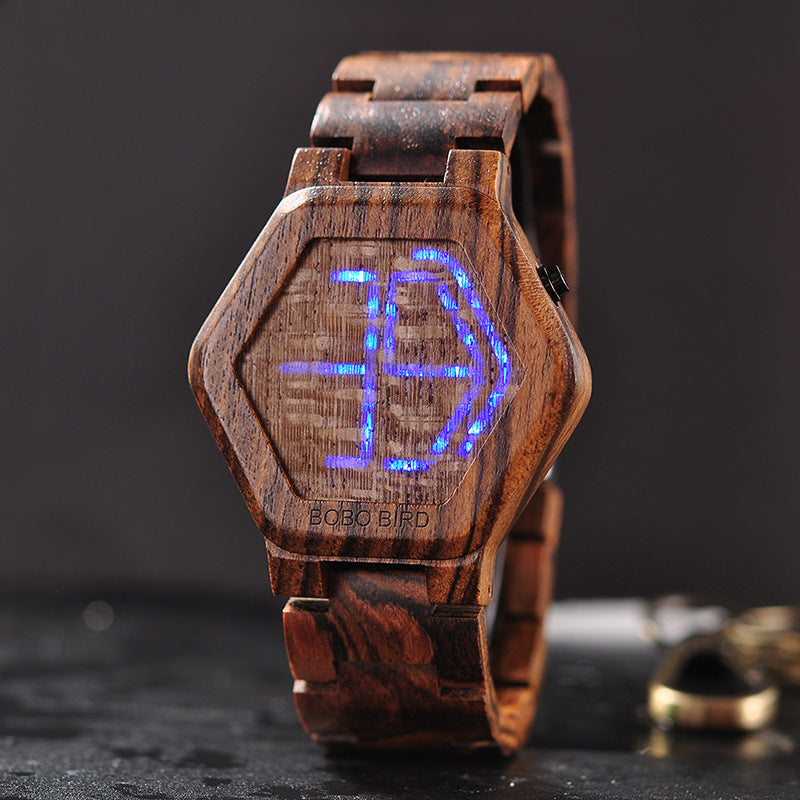 Relógio de pulso masculino de madeira com display LED, visão noturna - O Retalho