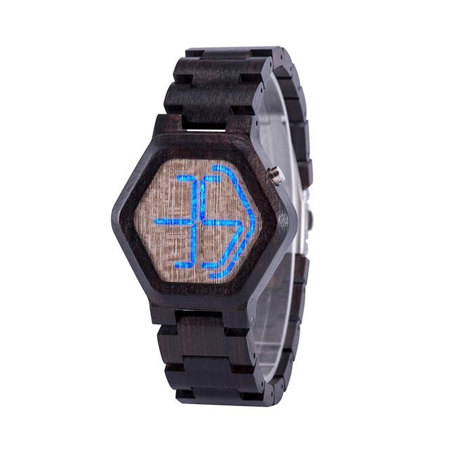 Relógio de pulso masculino de madeira com display LED, visão noturna - O Retalho
