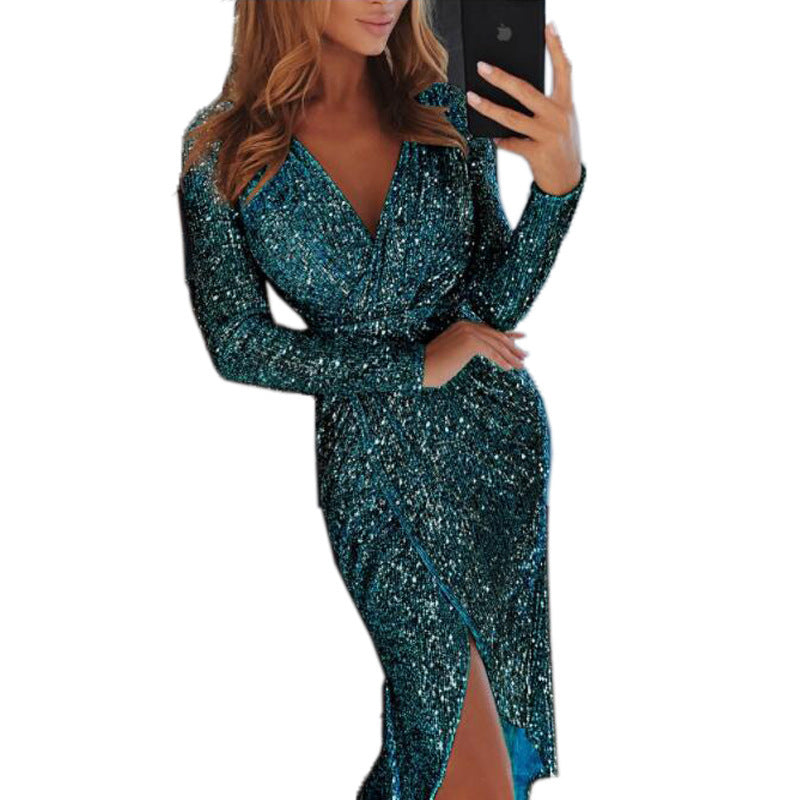 Vestido de Festa Deslumbrante com Mangas Longas e Detalhes em Lantejoulas - O Retalho