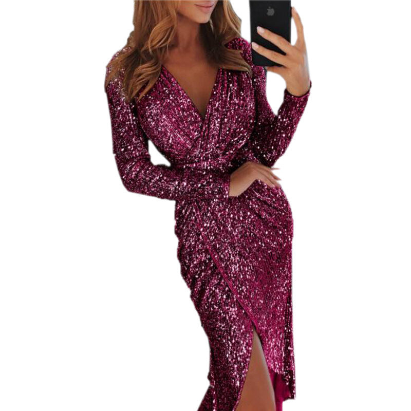 Vestido de Festa Deslumbrante com Mangas Longas e Detalhes em Lantejoulas - O Retalho