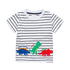 Camiseta de manga curta listrada para meninos com desenho de dinossauros - O Retalho