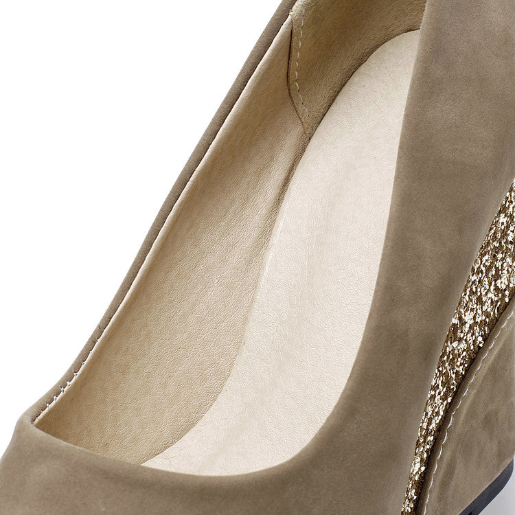 Women Spring Style Platform Wedge Daily Pumps Shoes Fashion Ladies Peep Toe Mixed Color Suede Party High Heel Shoe - O Retalho