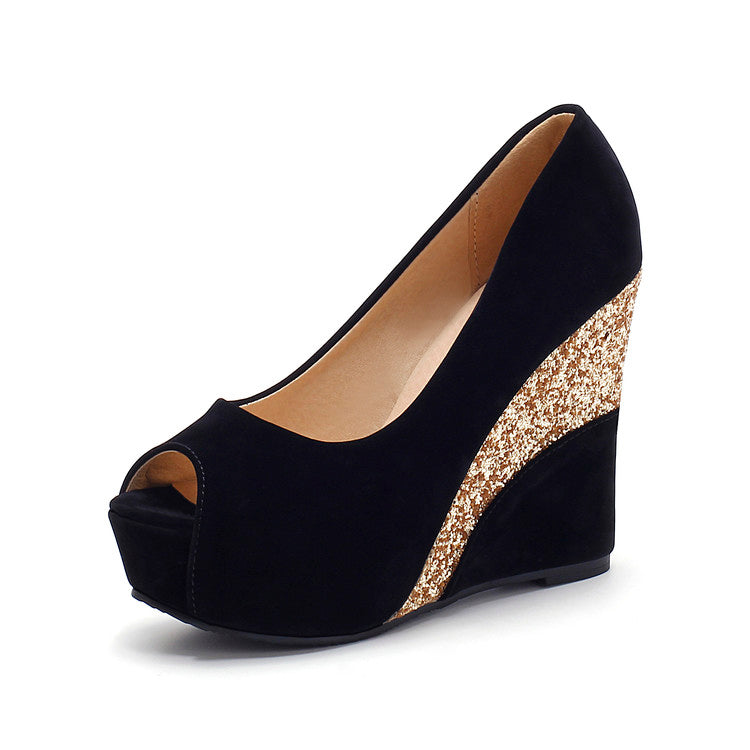 Women Spring Style Platform Wedge Daily Pumps Shoes Fashion Ladies Peep Toe Mixed Color Suede Party High Heel Shoe - O Retalho