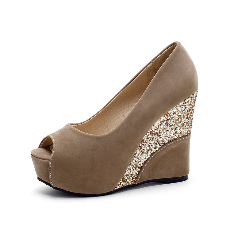 Women Spring Style Platform Wedge Daily Pumps Shoes Fashion Ladies Peep Toe Mixed Color Suede Party High Heel Shoe - O Retalho