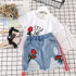 Roupas infantis para meninas camiseta branca, saia jeans - O Retalho