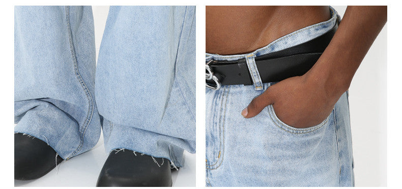 Calça jeans azul claro com barra desfiada e modelagem solta - O Retalho