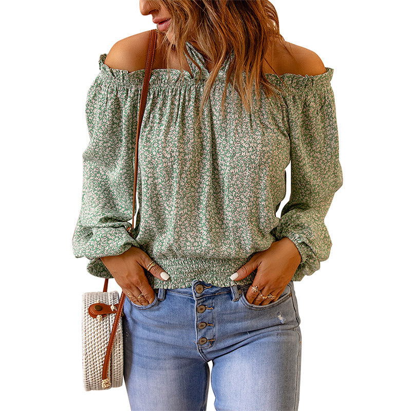 Women's Long-sleeved Floral Strap Off-the-shoulder Top - O Retalho