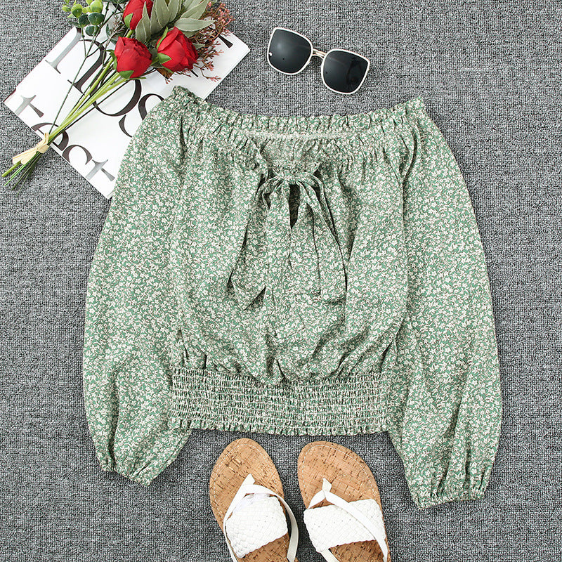 Women's Long-sleeved Floral Strap Off-the-shoulder Top - O Retalho