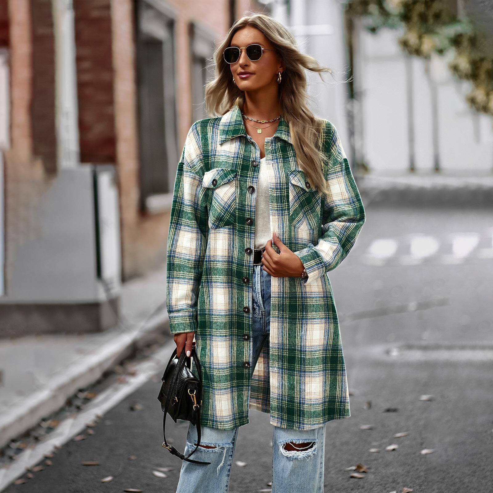 Temperament Leisure Long Plaid Tup Cardigan Coat - O Retalho