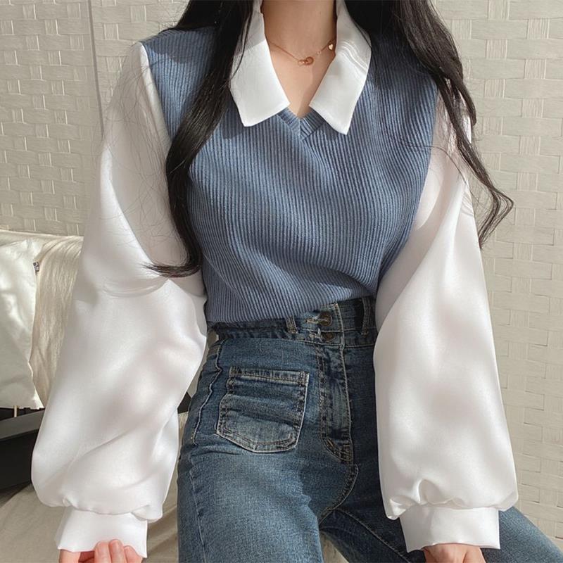 Patchwork Long Sleeve Loose Contrast Color And Versatile Top - O Retalho