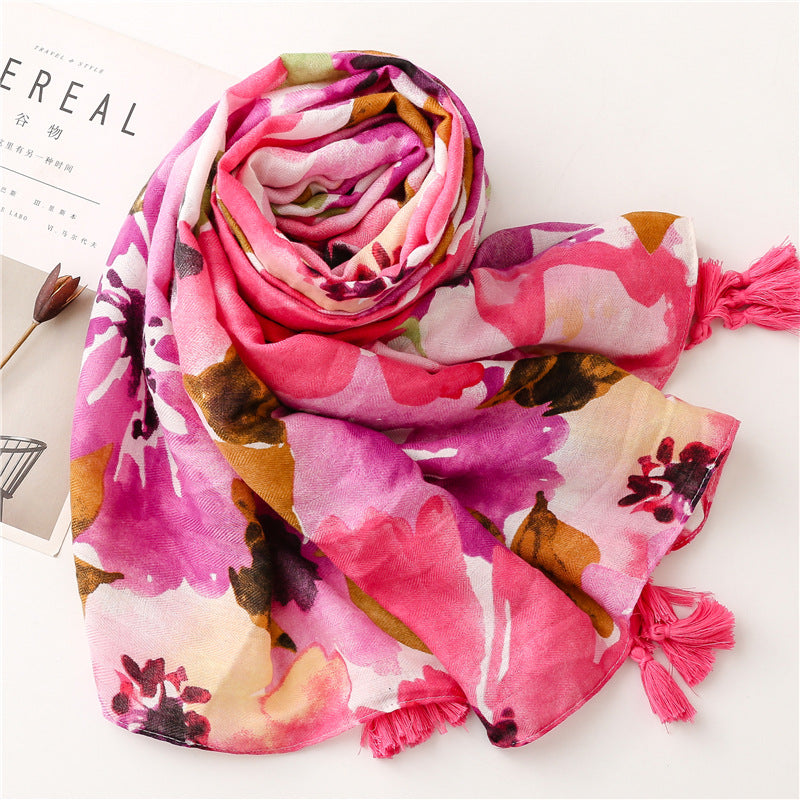 New Blooming Color Cotton And Linen Feel Scarf Soft Shawl - O Retalho